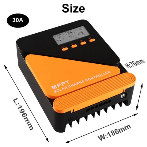 Upgraded 20A MPPT Solar Charge Controller With LCD Screen 12V 24V 50V Max, Dual USB Ports, dimensions shown