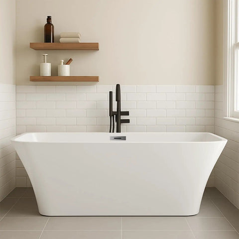 67 Inch Freestanding Acrylic Bathtub Sets Main Room Vibes With Double Walled Insulation And Ergonomic Deep Contour in modern bathroom.