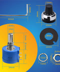 3590S-2-501L 500 Ohm 10-Turn Rotary Wire-Wound Precision Potentiometer components, dimensions displayed on blue background