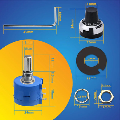 3590S-2-501L 500 Ohm 10-Turn Rotary Wire-Wound Precision Potentiometer components, dimensions displayed on blue background