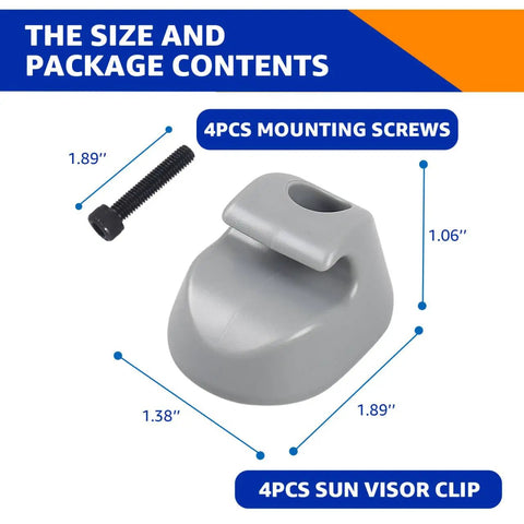 Four Pack Sun Visor Clip Set For Kenworth Peterbilt Gray Interior Bone Replacement Parts with mounting screw, dimensions shown
