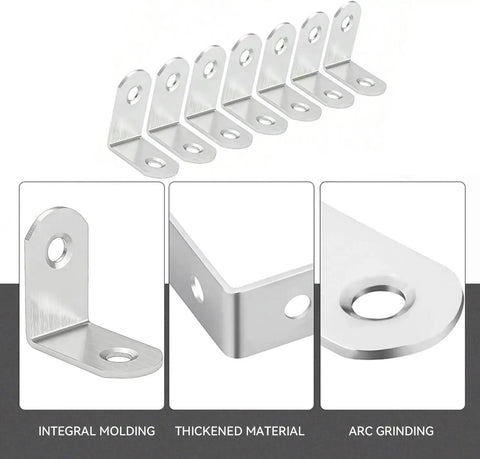 The Real Deal 304 Stainless Steel Corner Braces 90 Degree L Shaped Joint Connectors With 40 Screws in various angles.