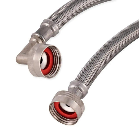 Two 5 Ft Braided Stainless Steel Washing Machine Hoses With Elbows Pack Of 2 3/4 Inch FHT X 3/4 Inch FHT Full Flow High Pressure Connectors Built For Leak Free Water Supply showing hose ends