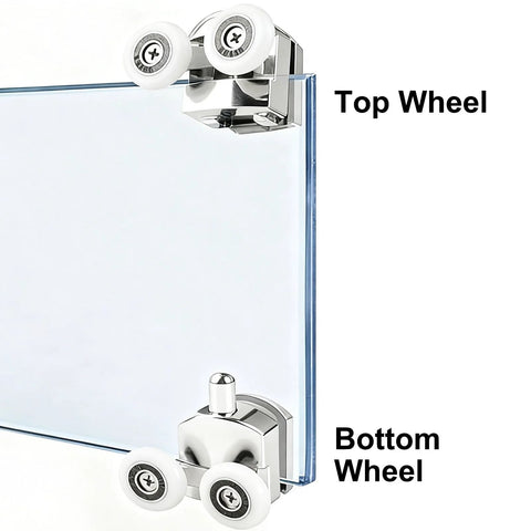 Side view of 4 Pcs Curved Shower Door Rollers Replacement With 23mm Aluminum Alloy Wheels on 4-6mm glass, top and bottom wheels