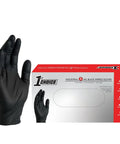 Hella Tough Black Nitrile Gloves Five Mil Thickness With Snug Contoured Grip For Heavy Auto Repair House Cleanup Safe Cooking And Pro Janitorial Duty Bulk Carton Holds One Hundred Disposable Gloves with a gloved hand and box.