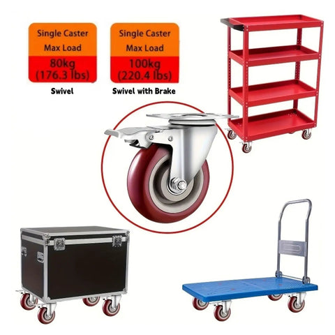 Heavy Duty Swivel Plate Casters With Brakes And Brake Lock For Furniture Carts Flat Plate Mount 360 Degree Swivel Wheels