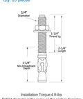 Diagram of Wedge Anchor For Concrete One Quarter Inch Diameter By Two And One Quarter Inch Length Zinc Plated Heavy Duty Carbon Steel Fasteners