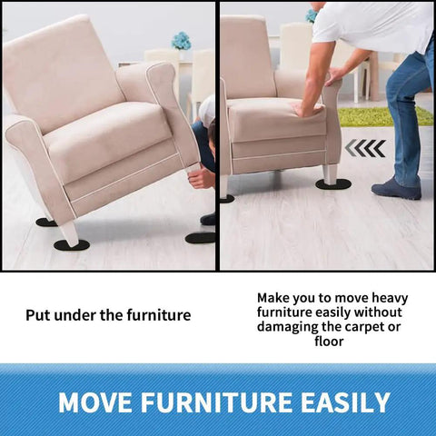 Heavy Duty Oval Furniture Sliders Three And A Half Inch By Six Inch Reusable Carpet Movers shown lifting and sliding a sofa