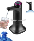 5 Gallon Water Pump With Mobile Base USB Rechargeable Electric Water Dispenser for bottle, black, shown dispensing water into a glass.