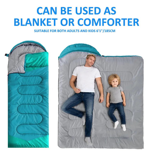 Three Season Camping Sleeping Bag For Adults And Kids Lightweight Weatherproof And Waterproof Warm In Cold Nights Cool In Warmer Weather Must Have Outdoors Gear For Travel Camping Hiking And More shown as blanket with adult and child laying on it.