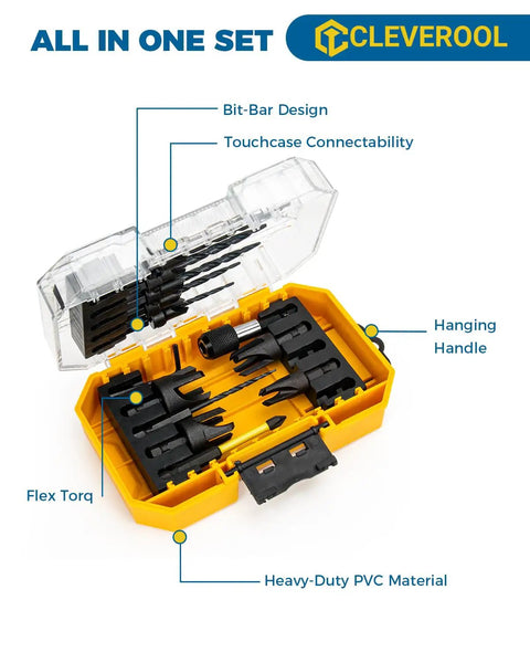 16 Piece Countersink Drill Bit Set With Adjustable Depth Tapered Bits And 4 Wood Plug Cutters in PVC storage box
