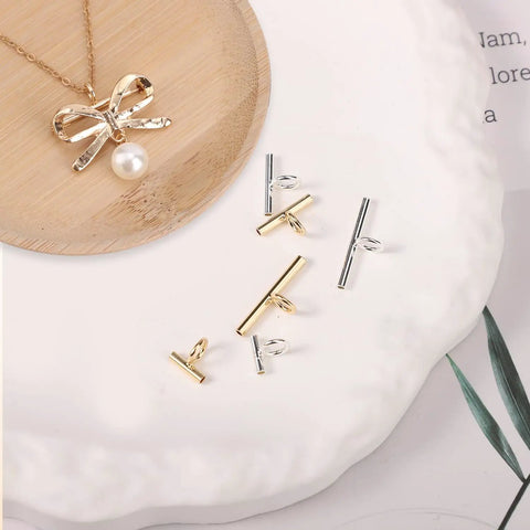 Must Have 6 Pack Pin To Pendant Converters In Gold And Silver Copper Finish For DIY Jewelry Making Pendant Converter Pin Necklace Adapters Compatible With 8mm 13mm And 20mm Components displayed on plate