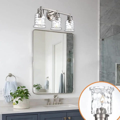 Three Light Vanity Light Over Mirror In Brushed Nickel Finish With Hammered Glass Shade Modern Metal Wall Sconce In Bathroom