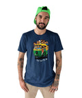 Premium Cotton Unisex T Shirt Featuring Dope Auto Rickshaw Graphic For Super Chill Everyday Vibes Ultra Soft Breathable Fabric In Classic Navy Blue One Size Fits All worn by a man with tattoos.