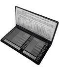 30 Pc Surface Roughness Specimen Comparator Pocket Set For Machinists And Inspectors With Realistic Finish Samples 7 8 Inch By 3 8 Inch Flat Lapping 2 4 8 Finishes Conforms To SAE And Military Specifications. open case with metal surface roughness comparator samples