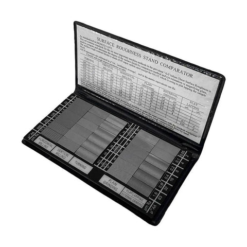 30 Pc Surface Roughness Specimen Comparator Pocket Set For Machinists And Inspectors With Realistic Finish Samples 7 8 Inch By 3 8 Inch Flat Lapping 2 4 8 Finishes Conforms To SAE And Military Specifications. open case with metal surface roughness comparator samples