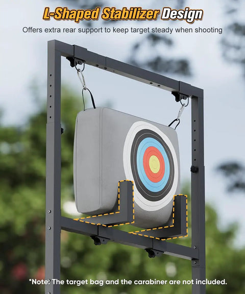 Adjustable Archery Target Stand for Foam and 3D Targets with L-shaped stabilizer design for steady support and raised legs.