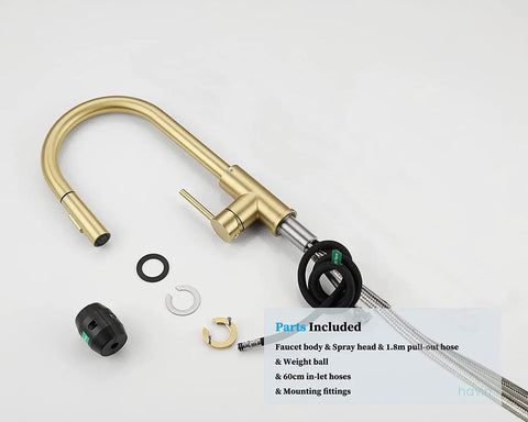 Brushed Gold High Arc Kitchen Faucet With Pull Down Sprayer No Deck Plate 15 Inch Tall Lead Free SUS304 Stainless Steel cUPC Cartridge NSF Certified Includes Spare Sprayer And Soap Dispenser Anti Rust Finish