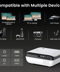 Native 1080P Bluetooth Projector With Built In Speaker for Smartphone HDMI Fire Stick and PS5, compatible with multiple devices.