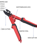 Red crimping tool with non-slip handle and safety lock for All In One Wire Rope Crimp Kit With 100Ft 2mm Vinyl Coated Cable
