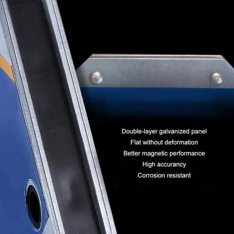 Super Durable Zohisin Welding Magnet With 30 To 50 Kilo Suction Power Arrow Shape Swivel Lock close-up of double-layer galvanized panel.