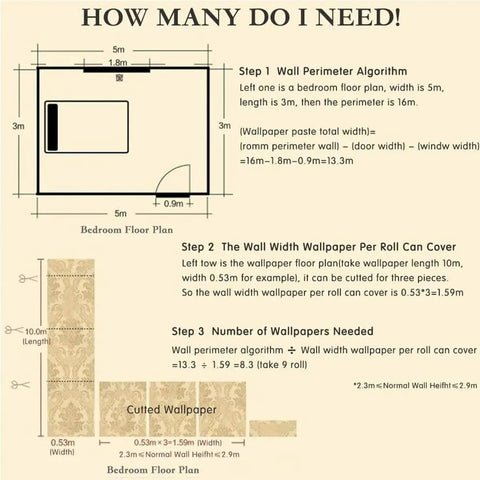 Calculation guide for Silver Gray Peel And Stick Wallpaper 20.8 By 393 Inches Nonwoven 3D Floral Print Modern Wall Decor installation.