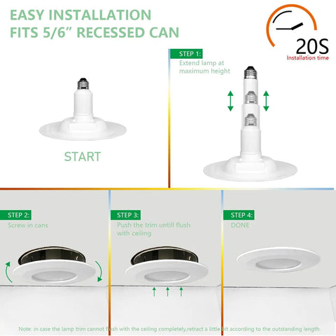Diagram showing easy install steps for 4 Pack 5 To 6 Inch LED Recessed Can Lights With Adjustable Length, Retrofit Downlights