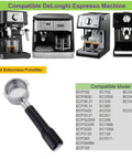 Bottomless 51mm Portafilter for DeLonghi Espresso Machines with compatible models and two-ear handle displayed.