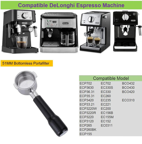 Bottomless 51mm Portafilter for DeLonghi Espresso Machines with compatible models and two-ear handle displayed.