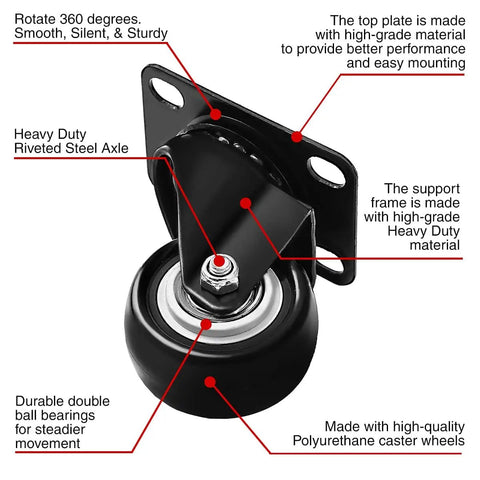 Heavy Duty Swivel Caster Wheels With Rubber Base And Top Plate Dual Ball Bearing No Brake 2 Inch Black metal frame close-up