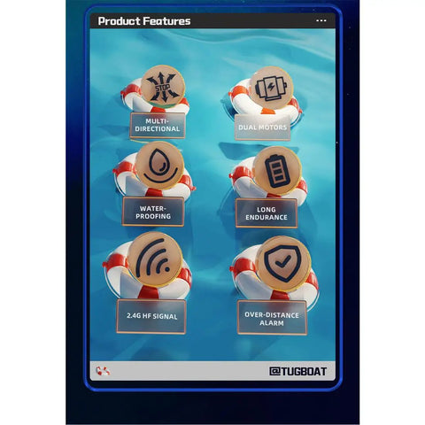 Six icons showcasing features of One Seventy Two Scale Proportional RC Tugboat for Pools and Lakes, like dual motors and 2.4GHz signal.