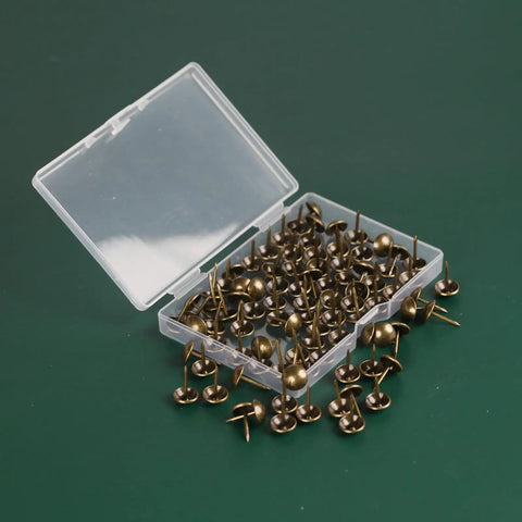 Top Shelf Upholstery Tacks And Furniture Pins For Decorative Fabric Fastening 100 Pack in clear box, antique bronze finish.