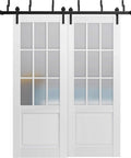 Front view of Felicia 3309 Interior Barn Bypass Sliding Doors with frosted glass and solid wood white finish, hardware included.