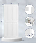 36 By 84 Inch White Sliding MDF Barn Door With Six Point Six Foot Black Sliding Door Hardware Kit And Handle Pre Drilled Ready To Assemble Waterproof PVC Coating H Frame Durable Primed MDF And PVC Construction For Water Resistance And Stable Performance, front view with dimensions and close-up materials.