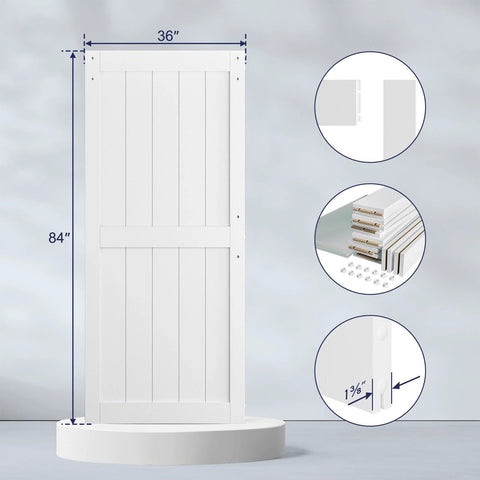36 By 84 Inch White Sliding MDF Barn Door With Six Point Six Foot Black Sliding Door Hardware Kit And Handle Pre Drilled Ready To Assemble Waterproof PVC Coating H Frame Durable Primed MDF And PVC Construction For Water Resistance And Stable Performance, front view with dimensions and close-up materials.
