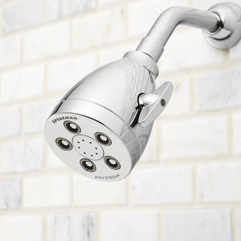 Polished silver AnyStream 360 Degree Showerhead with Uniform Water Coverage and Boosted Pressure against a tiled wall.