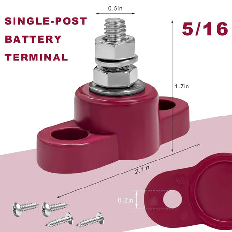 2 Piece 5/16 Inch 12V Car Battery Junction Post Block Single Stud Terminal Heavy Duty Insulated Power Distribution Ground Connector Kit For Auto Marine Rv Boat With Rustproof Hardware And No Sweat Wiring close up of single-post battery terminal with dimensions and screws