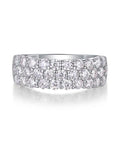 Top Shelf Moissanite Grid Pattern Engagement Ring Platinum Plated 925 Sterling Silver with Brilliant Round Cut Stones at an angle.