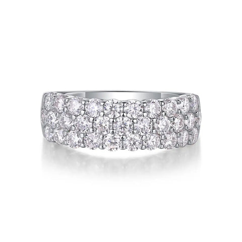 Top Shelf Moissanite Grid Pattern Engagement Ring Platinum Plated 925 Sterling Silver with Brilliant Round Cut Stones at an angle.