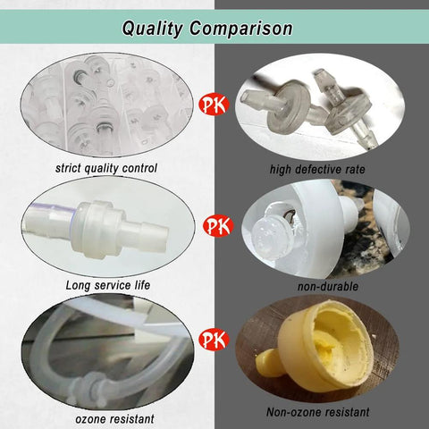 Front collage of 28 plastic check valves with plug-in barb fittings; translucent white, assorted sizes 1/8–1/2 in.