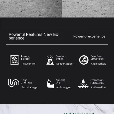 Features of Top Shelf Built Tough Premium Stainless Steel Shower Drain featuring insect-proof, deodorization, and fast drainage.