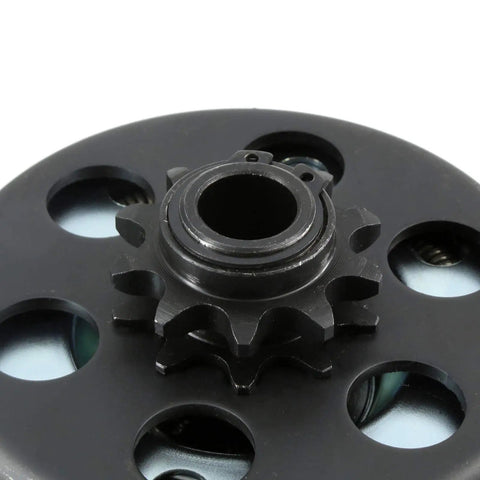 Close-up of the ten tooth sprocket on a centrifugal go kart clutch with five eighths bore for 420 chain mini bikes. Hit The Road In Style With This Rock Solid Centrifugal Go Kart Clutch Featuring A Heavy Duty Five Eighths Inch Bore And Ten Tooth Sprocket Built Tough For 420 Chain Mini Bikes Fast Acceleration.