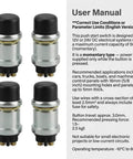 User manual with four 12V 50A Momentary Engine Start Push Button switches for cars, trucks, and boats, rubber cap, heavy-duty design.