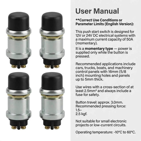 User manual with four 12V 50A Momentary Engine Start Push Button switches for cars, trucks, and boats, rubber cap, heavy-duty design.