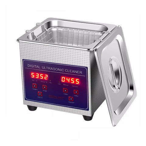 Hualuck 1.3L Ultrasonic Parts Cleaner With Timer And Heater, stainless steel cleaner with digital LED display and control.