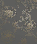 Floral pattern of Noir And Metallic Gold Peonies Removable Peel And Stick Floral Wallpaper on a slate gray backdrop