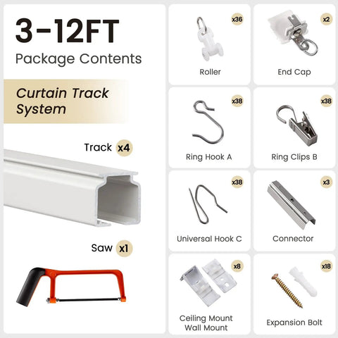 Beefy Heavy Duty Aluminum Curtain Track Kit For Ceiling Or Wall Mount White 9 To 12 Feet One Pack With Reinforced Brackets And Premium Aluminum Alloy Durable Glide Rail For Drapes Light Curtains And Room Dividers package contents and parts