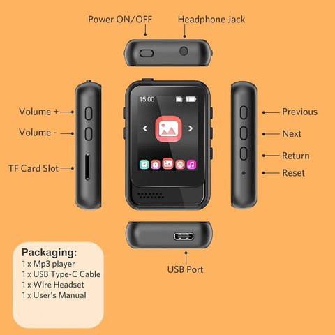 Bluetooth 5.3 Portable Music Player with Built In Speaker And Micro SD Slot Up To 512GB multi-angle view and buttons