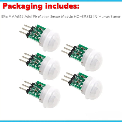5 Pack Mini PIR Motion Sensor Modules For Arduino Projects, Ultra Sensitive Infrared Body Detectors, 2.7-12V DC, Fast Trigger, Compact Modules, Dope For Smart Home, Robotics, And DIY Automation. Five white-capped AM312 PIR sensor boards with pins.
