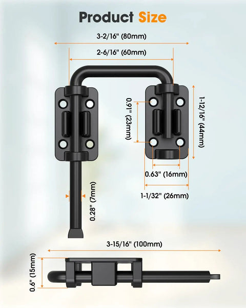 2.36 Inch U Patio Sliding Door Loop Lock Latch Stainless Steel Home Security Loop Bolt Lock for Barn Garden Fence Gate and Window Multi Angle Installation Black 1 Pc Tough as Nails showing dimensions and details
